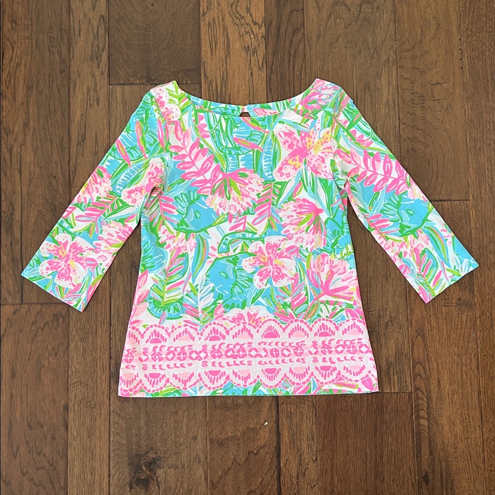 Lilly Pulitzer Waverly All That She Wants Top 3/4 Sleeve Stretch Boat Neck XS